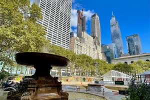 Bryant Park Fountain with skyscrapers in background